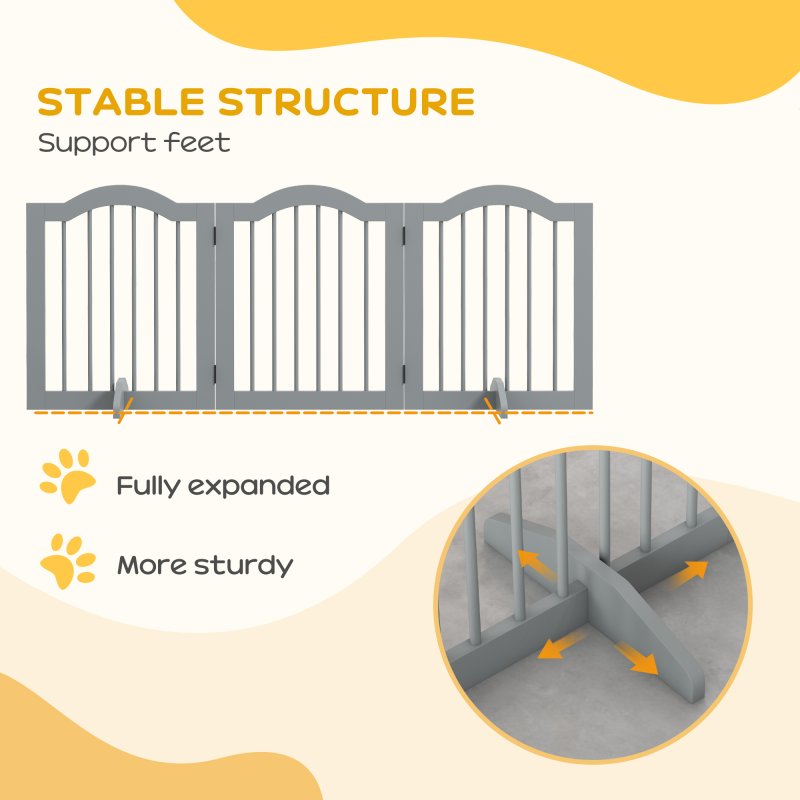 PawHut Freestanding Pet Gate Wooden Dog Gate with Support Feet Foldable Pet Fence Safety Barrier for the House Doorway Stairs Light Grey