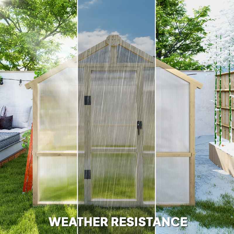 Outsunny 6.6 x 6ft Polycarbonate Greenhouse, Walk-in Wooden Greenhouse with Lockable Door and Window, Garden Plants Grow House, Brown