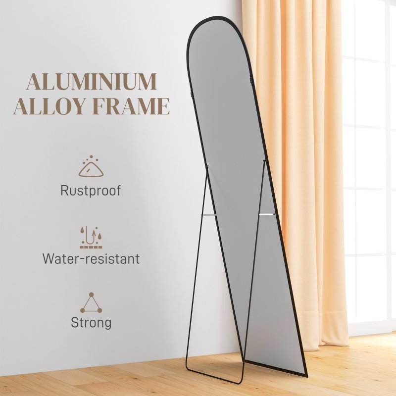 HOMCOM Full Length Mirror, 162x50cm Arched Free Standing Floor Mirror with Aluminium Alloy Frame, Hanging or Leaning for Living Room, Bedroom, Black Frame