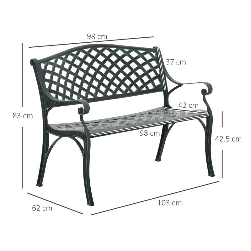 Outsunny Cast Aluminium Outdoor Garden Bench 2 Seater Antique Patio Porch Park Loveseat Chair, Verdigris