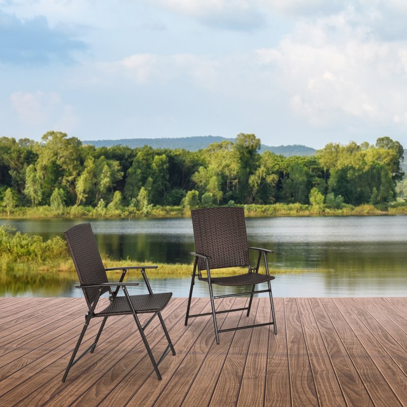 Outsunny Folding Garden Chairs Set of 2, PE Rattan Garden Dining Chairs with Armrests, High Back and Steel Frame, Weather Resistant Outdoor Dining Furniture for Patio, Balcony, Brown