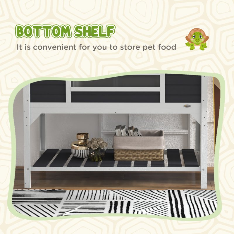 PawHut Tortoise House, Wooden Tortoise Enclosure with Adjustable Lamp Holder, Tortoise Table with Openable Lid, Dual Main Houses, Storage Shelf, Basking Area, Fixed Tray - Grey