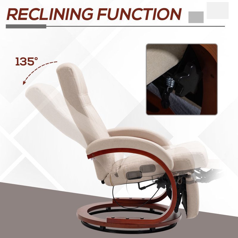 HOMCOM Swivel Recliner Chair with Footstool and Wood Base, Manual Reclining Chair for Living Room, Bedroom, Beige