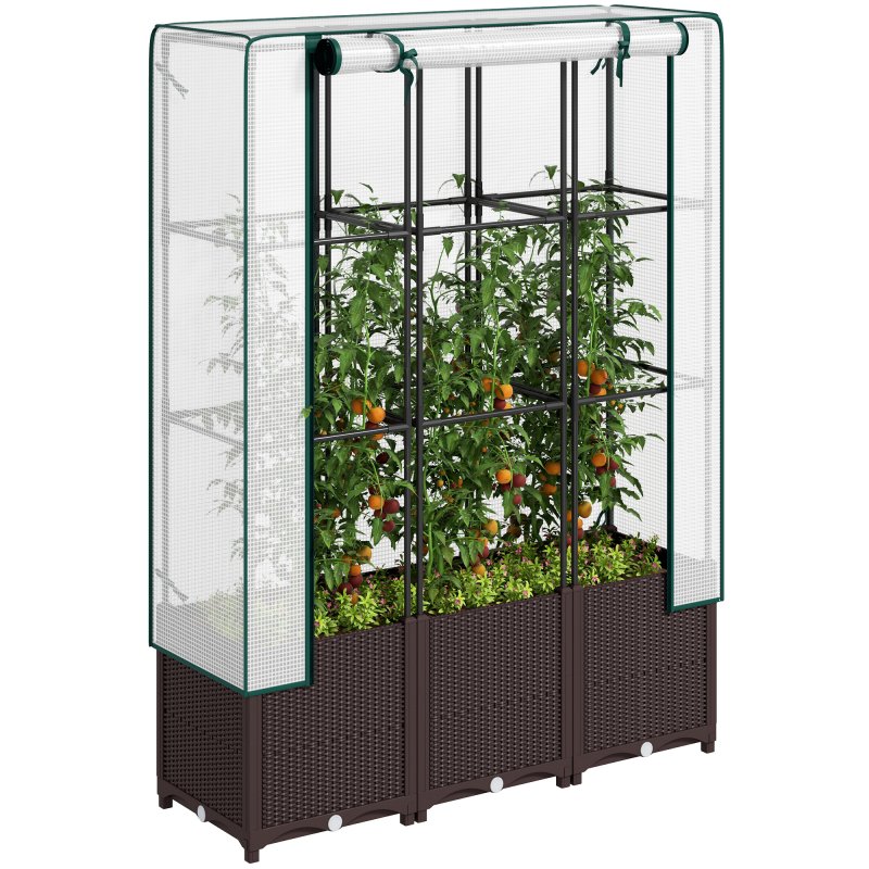 Outsunny Raised Garden Bed with Trellis, Plastic Planter Box with PE Cover, Drainage Holes, Drain Plugs and Water Reservoirs for Climbing Plants, Vegetables, Flowers, 120 x 40 x 140 cm