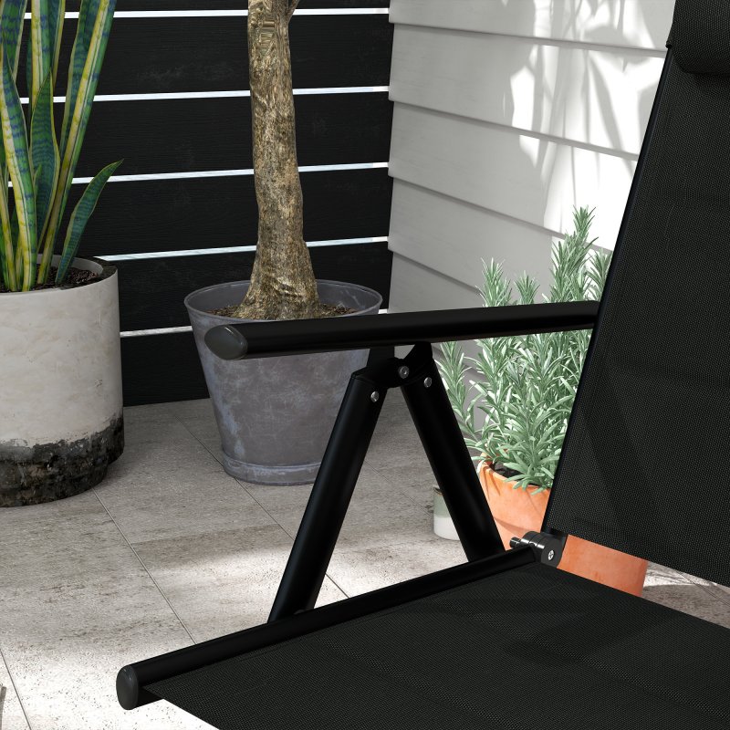 Outsunny Set of 2 Patio Folding Chairs with Adjustable Back, Aluminium Dining Chairs with Breathable Mesh Fabric Padded Seat and Backrest, Headrest for Outdoor Garden Lawn, Black