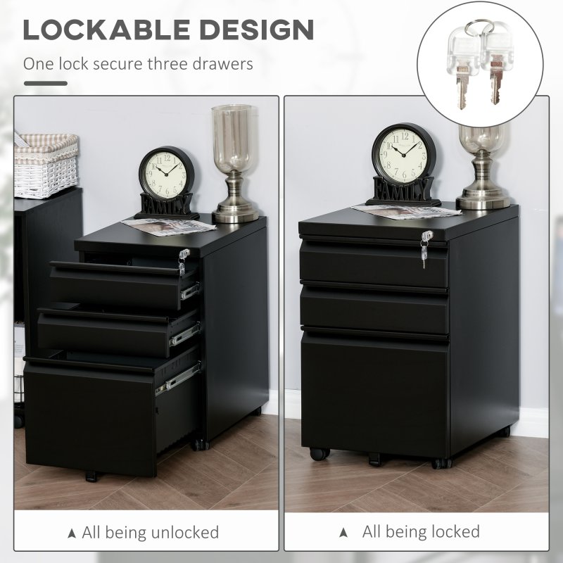 Vinsetto 3-Drawer Filing Cabinet with Lock, Mobile Steel File Cabinet for A4, Legal and Letter Size, Under Desk Drawers with Pre-Assembled Body for Home Office, 39 x 48 x 60 cm, Black