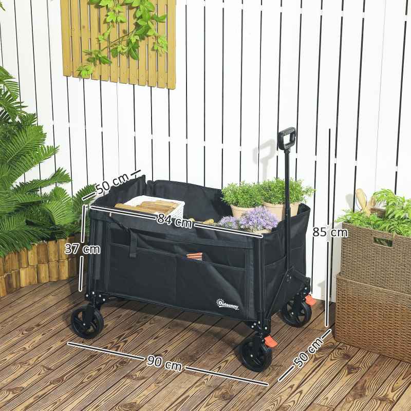Outsunny Folding Trolley on Wheels, 150L Collapsible Wagon Festival Trolley Cart with Openable Sides, Adjustable Handle and Brakes for Shopping Camping Beach and Garden, Black