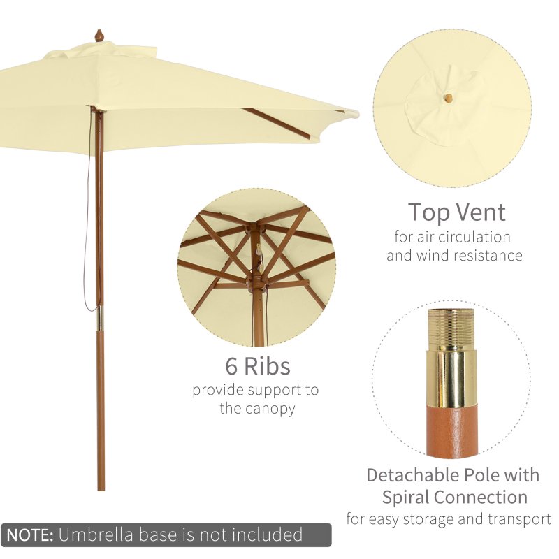 Outsunny 2.5m Wood Garden Parasol Sun Shade Patio Outdoor Wooden Umbrella Canopy, Table Market Umbrella with Vent, 38mm Pole, Rope Pulley Mechanism, Cream White