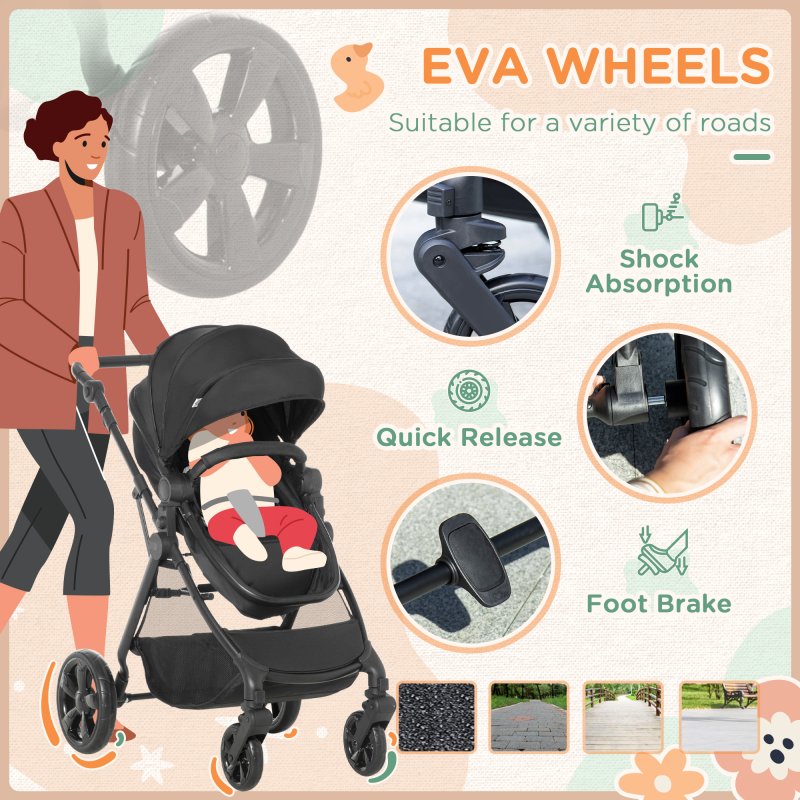 HOMCOM Baby Stroller Pushchair 2 in 1 Lightweight Travel Pram Buggy Foldable with Reversible Seat, Fully Reclining Backrest, from 0 to 3 Years, 0 to15kg, Black