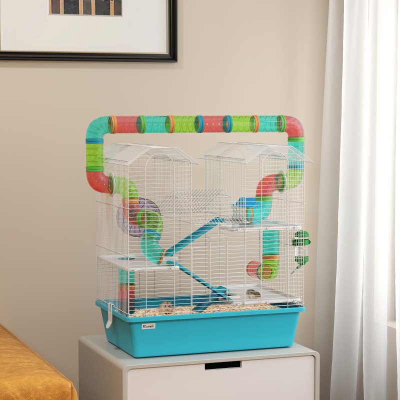 PawHut 4 Tier Hamster Cage with Tube, Exercise Wheel, Hut, Water Bottle, Food Dish, Ramps, DIY Design, Large Hamster Cage for Dwarf, Light Blue