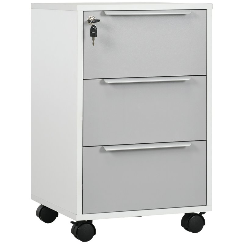 HOMCOM 3-Drawer Lockable Filing Cabinet, File Cabinet on Wheels, Mobile Office Storage Drawers for Home Office, Bedroom and Living Room