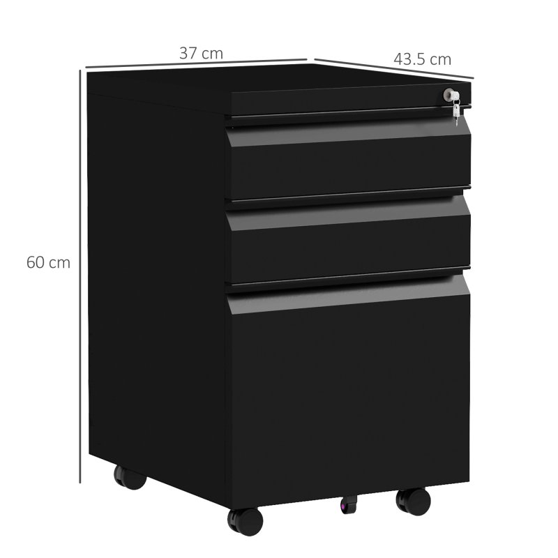 Vinsetto 3-Drawer Filing Cabinet with Lock, Mobile Steel File Cabinet for A4, Legal and Letter Size, Under Desk Drawers with Pre-Assembled Body for Home Office, 37 x 43.5 x 60 cm, Black
