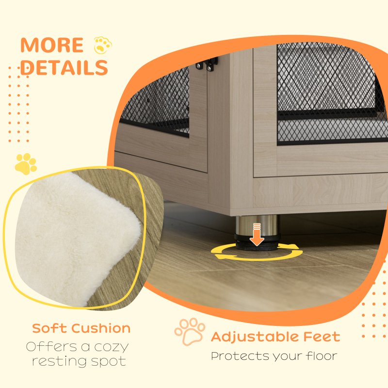PawHut Dog Crate Furniture End Table w/ Soft Washable Cushion, Two Doors, Indoor Pet Kennel for Small Medium Large Dogs w/ Wire Mesh, Oak