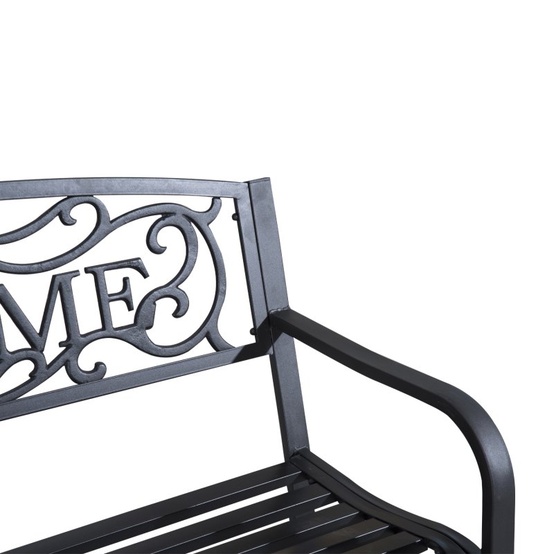 Outsunny Garden Bench, Metal Outdoor Bench Seat, 2 Seater Patio Loveseat with Welcome Backrest, Armrests and Slatted Seat, 240 KG Capacity for Park, Porch, Black