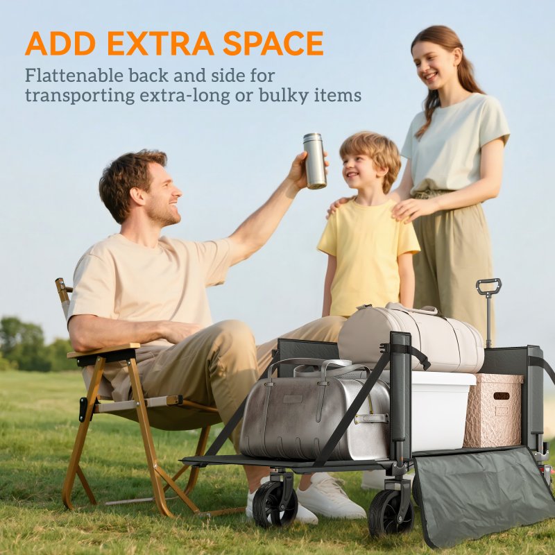 Outsunny Folding Trolley on Wheels, 150L Collapsible Wagon Festival Trolley Cart with Openable Sides, Adjustable Handle and Brakes for Shopping Camping Beach and Garden, Grey