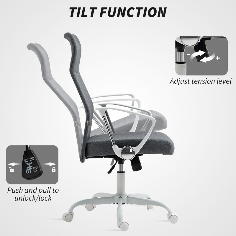 HOMCOM Office Chair, Fabric Computer Desk Chair with High Back, Swivel Wheels, Armrest, Tilting Function, Height Adjustable for Home, Grey