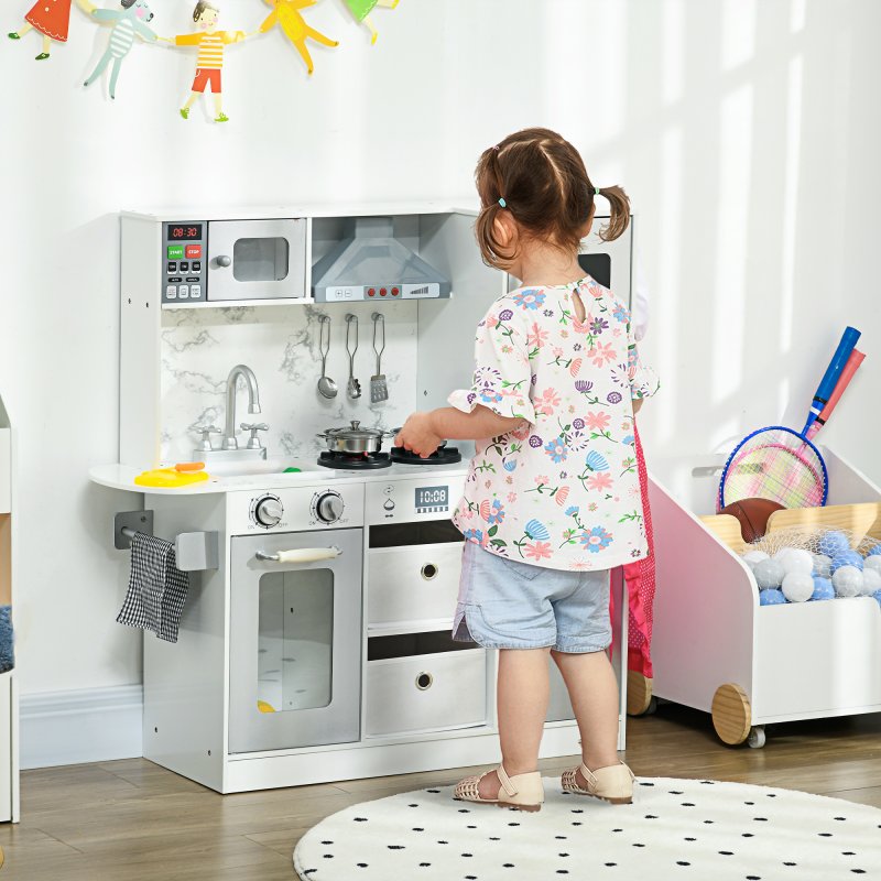 AIYAPLAY Wooden Play Kitchen Kids Toy Kitchen Playset Role Playing Game with Lights, Sounds, Apron and Chef Hat, Ice Maker, Microwave, Range Hood, Utensils, Cuttable Food, for Ages 3-6 Years - White