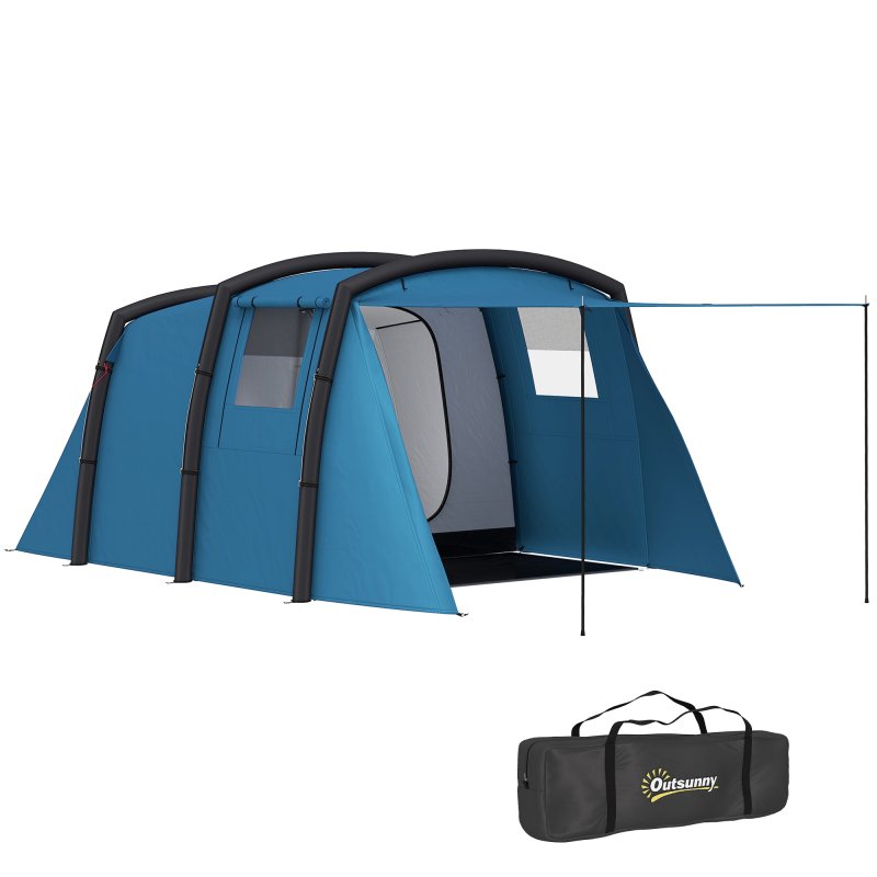 Outsunny Inflatable 3-4 Man Tunnel Tent w/ Air Pump, Living Area & Vestibule, Waterproof Family Camping Air Tent w/ Sewn In Groundsheet & Removable Footprint for Camping, Hiking, Blue