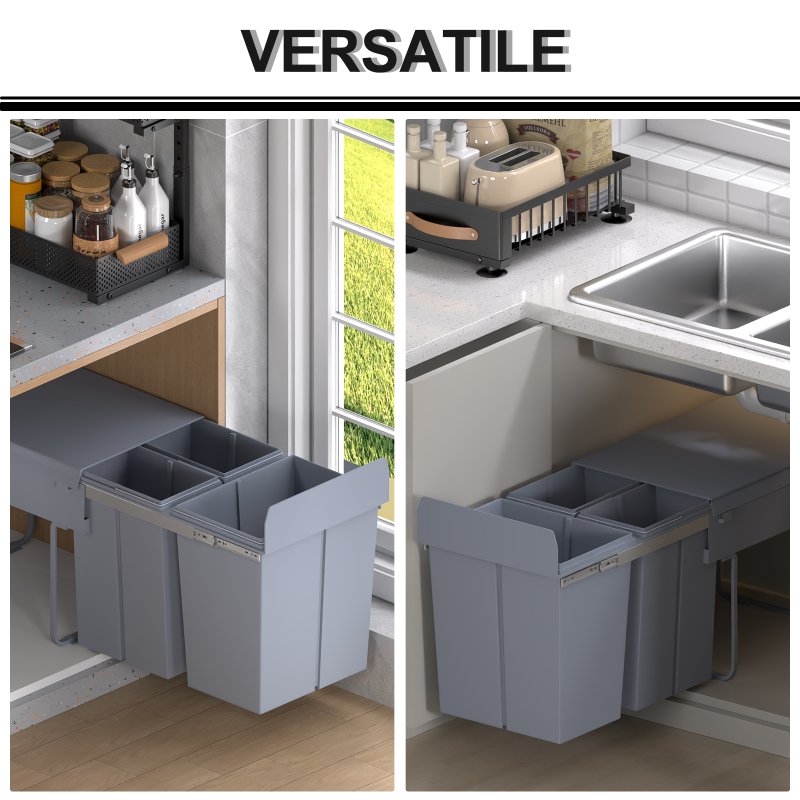 HOMCOM Kitchen Recycle Waste Bin Pull Out Soft Close Dustbin Recycling Cabinet Trash Can Grey (40L (1x20L+2x10L))