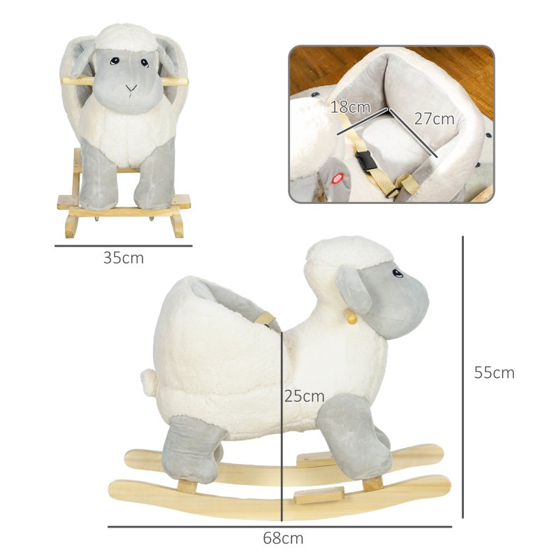 AIYAPLAY Rocking Horse, Kids Ride on Horse, Rocking Animal, Plush Ride on Lamb with Safety Belt, Sound, for Ages 18-36 Months, Grey