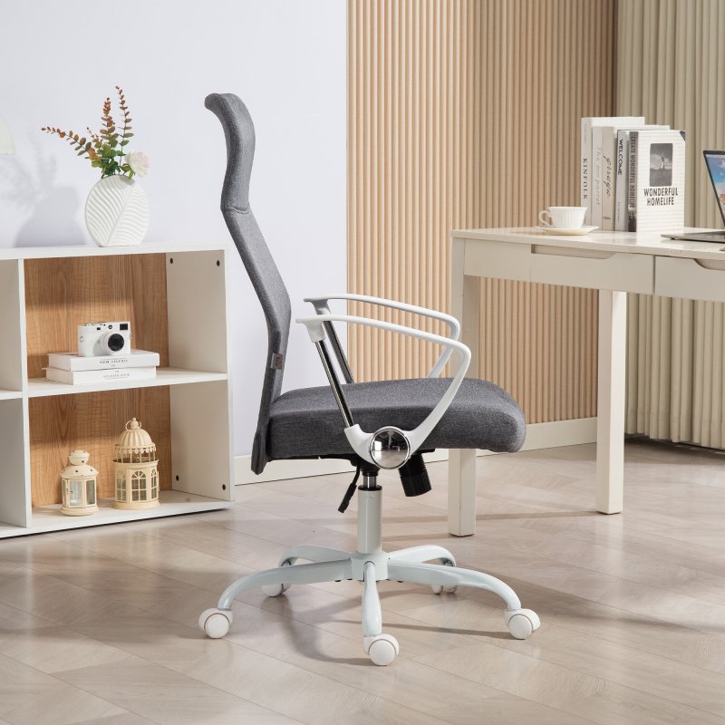 HOMCOM Office Chair, Fabric Computer Desk Chair with High Back, Swivel Wheels, Armrest, Tilting Function, Height Adjustable for Home, Grey