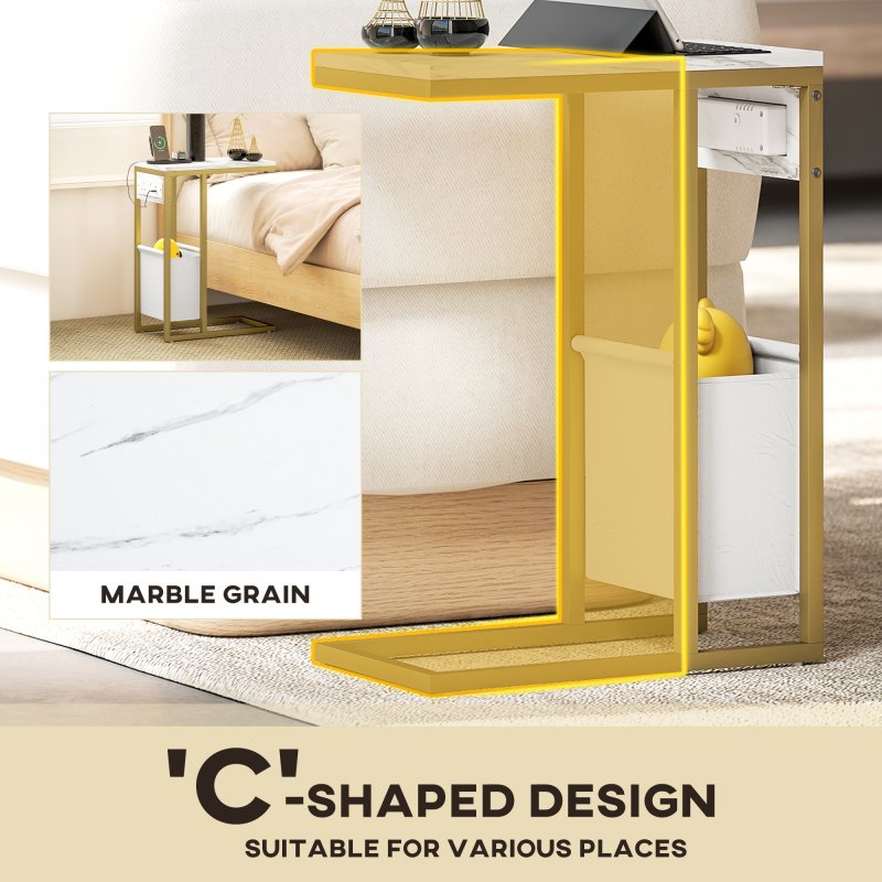 HOMCOM C Shaped Side Table with Storage and Charging Station, Faux Marble Narrow Bedside Table with Fabric Storage Bag and Steel Frame for Living Room, Bedroom, White