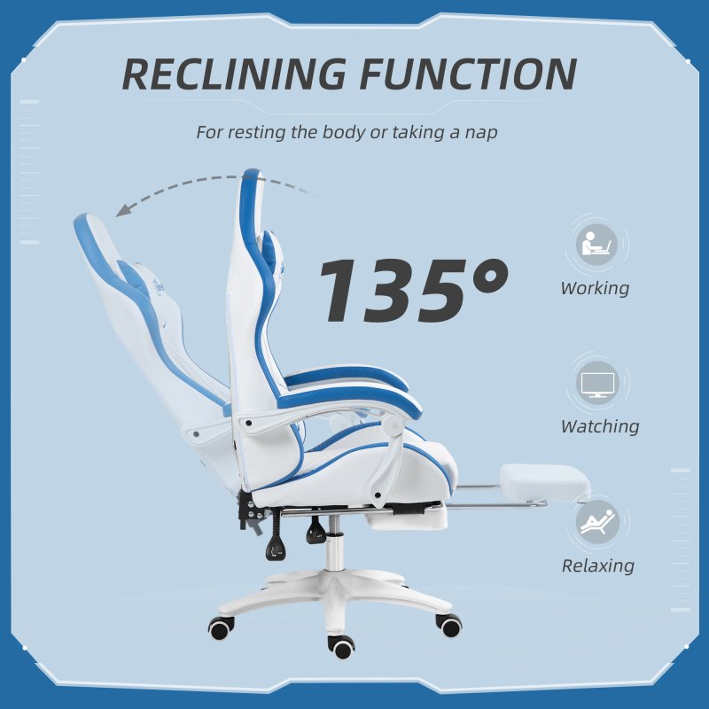 Vinsetto Computer Gaming Chair, PU Leather Office Desk Chair with Footrest, Swivel Wheels, 135?? Reclining Back, Lumbar Support, Headrest for Home, White and Blue