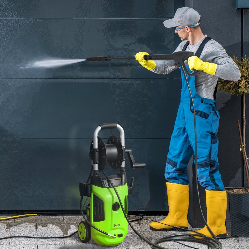 Outsunny 1800W High Pressure Washer, 150 Bar Pressure, 420 L/h Flow, Portable Power Washer Jet Wash Cleaner with Adjustable Nozzle, 6M Hose, Hose Reel, Steel Handle for Home Patio Car Driveway, Green