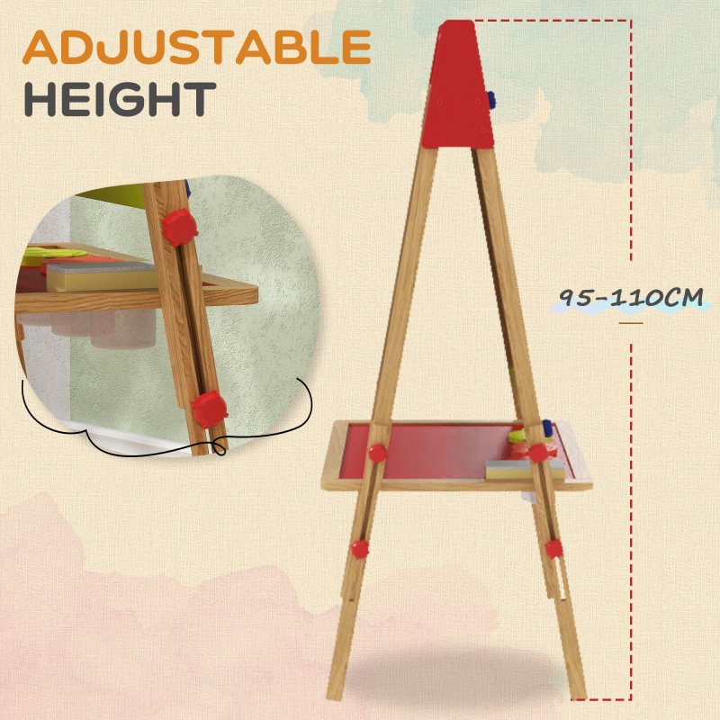 AIYAPLAY Kids Easel, 3 in 1 Art Easel Double Sided Height Adjustable with Paper Roll, Whiteboard, Chalkboard, Painting Accessories, Natural Wood Finish
