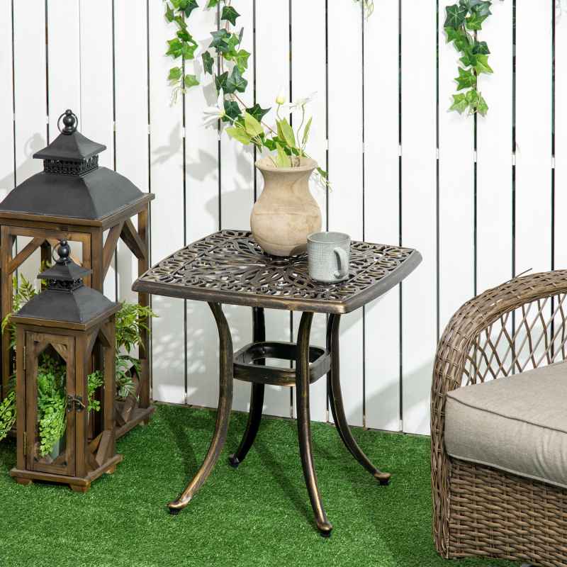 Outsunny Outdoor Garden Table with 38mm Dia. Umbrella Hole, Cast Aluminium Patio End Table with Anti-slip Foot Pads for Garden, Patio, Balcony, 54 x 54cm, Bronze Tone