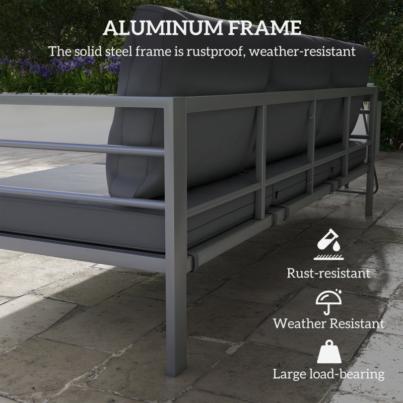 Outsunny Garden Bench with Cushions, 3-Seater Sofa, Aluminium Frame Outdoor Furniture with Backrest, Armrest and Back Cushions, 185 x 66 x 64cm, Grey