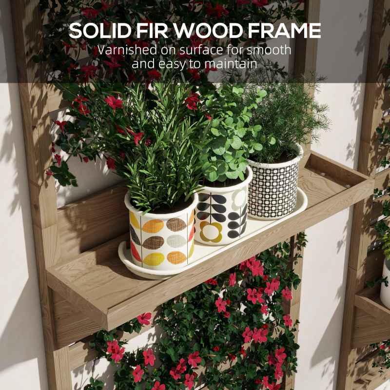 Outsunny Set of 2 Wall Mounted Plant Stand with Trellis, 170cm Wooden Plant Rack with Hanging Planter Shelves and Slatted Trellis for Climbing Plants, for Patio, Balcony, Porch, Natural