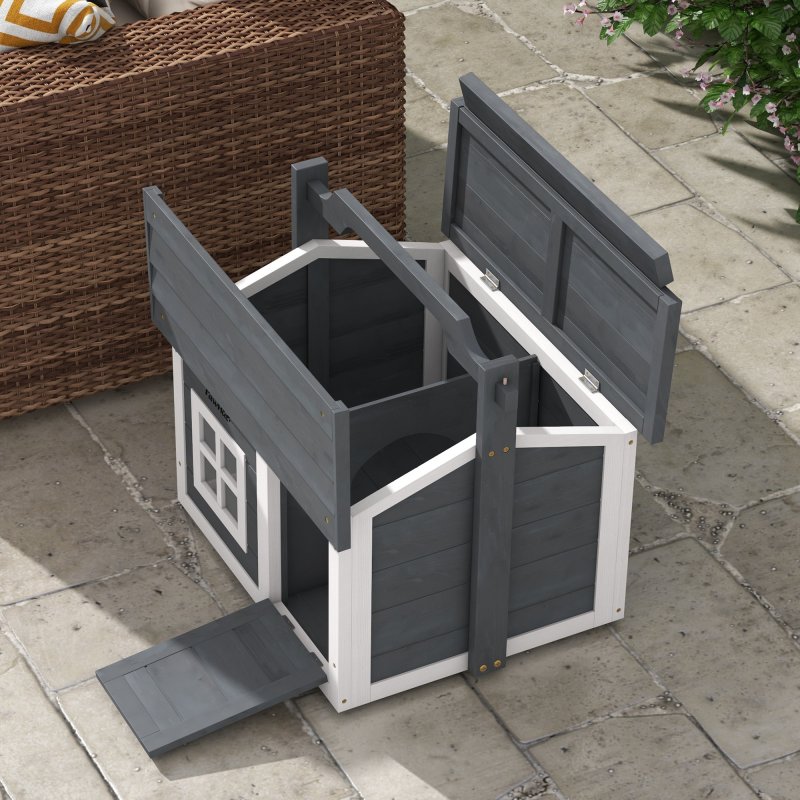 PawHut Rabbit Hutch Cat House Puppy House Guinea Pig Hutch Small Animal House Portable Wooden Indoor Outdoor with 2 Rooms Top Handle, Openable Roof - Grey