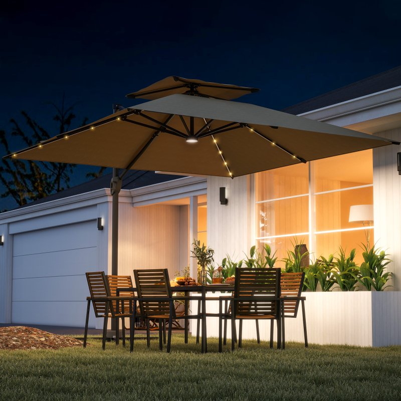Outsunny 3.5x3 m Garden Cantilever Parasol with Solar LED Lights and Centre Light, UPF50+ Aluminium Patio Umbrella with 360° Rotation and Tilt, Hanging Sun Shade with Cross Base, Crank Handle, Khaki