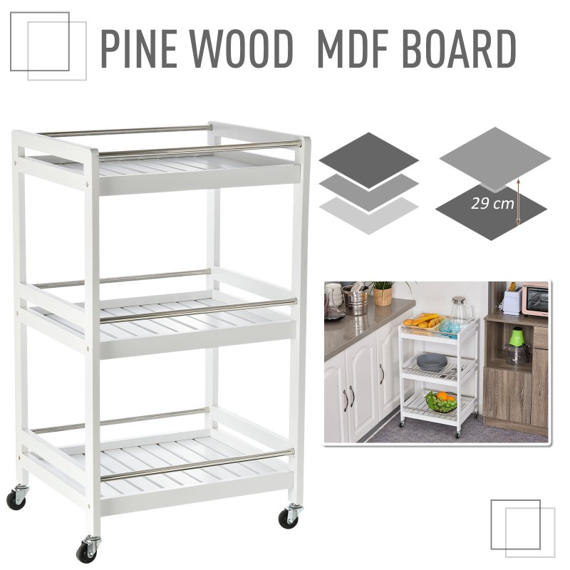 HOMCOM 3-Tier Home Trolley Kitchen Storage Cart w/ Steel Bars 4 Universal Wheels Rolling Unit Organiser Living Room White
