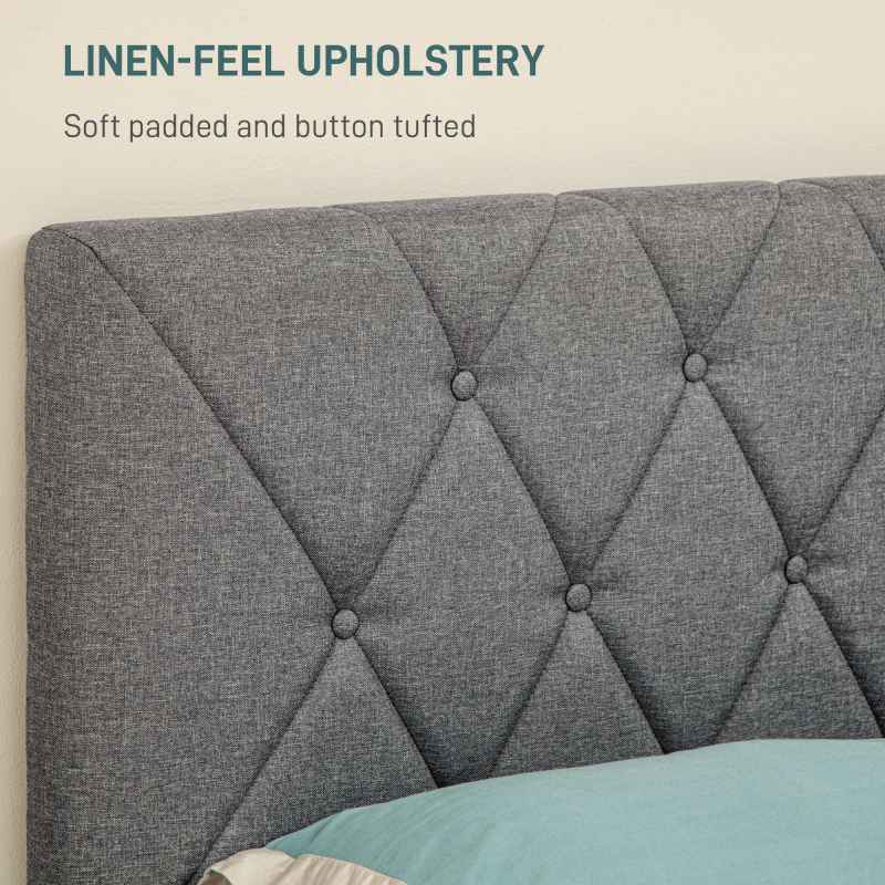 HOMCOM King Size Bed Frame with 5-Level Adjustable Linen Upholstered Headboard, Wooden Slats Mattress Foundation, No Box Spring Needed, Grey