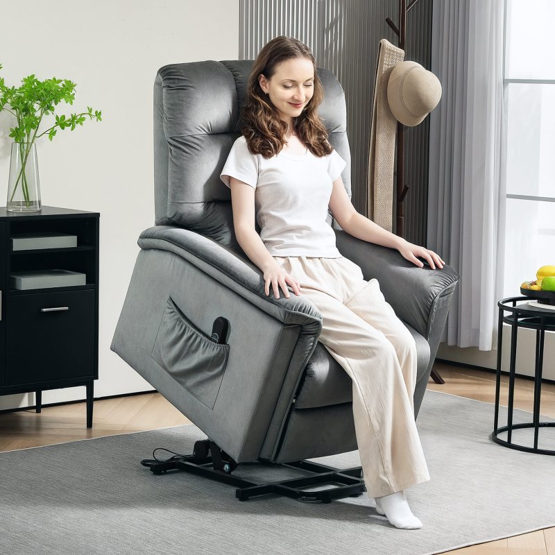 HOMCOM Power Lift Recliner Chair for Elderly, Velvet Fabric Electric Riser and Recliner Armchair for Living Room with Remote Control, USB Port and 2 Side Pockets, Dark Grey