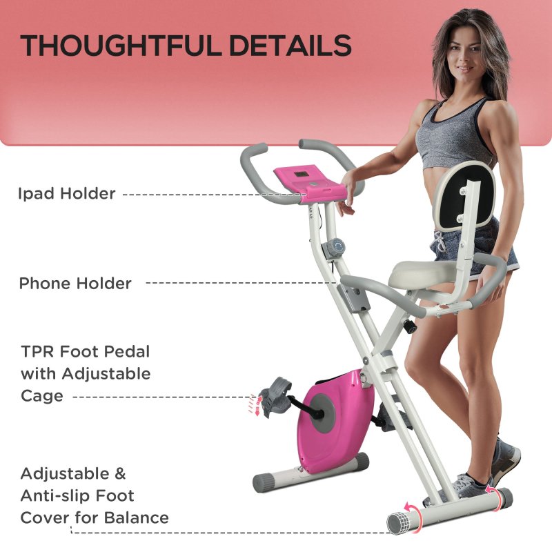 HOMCOM Folding Exercise Bike, 8-Level Magnetic Resistance, Indoor Stationary Bike, Upright Fitness Bike with Backrest Tablet Holder, 5-Level Adjustable Seat Height - White