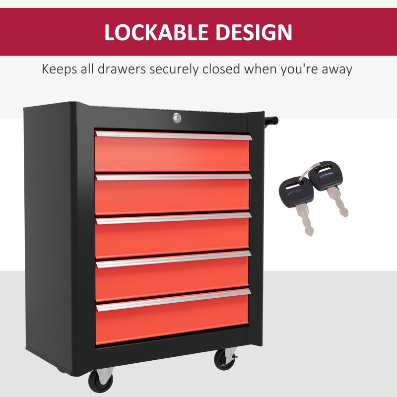 HOMCOM Steel 5-Drawer Tool Storage Cabinet Lockable with Wheels Handle 2 Keys Garage Equipment Trolley Home Work DIY Workshop Chest Red