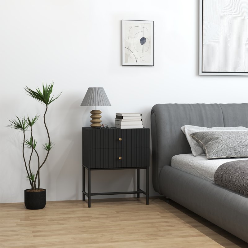 HOMCOM Bedside Table with 2 Drawers, Modern Bedside Cabinet with Storage and Metal Legs for Bedroom, Living Room, Black