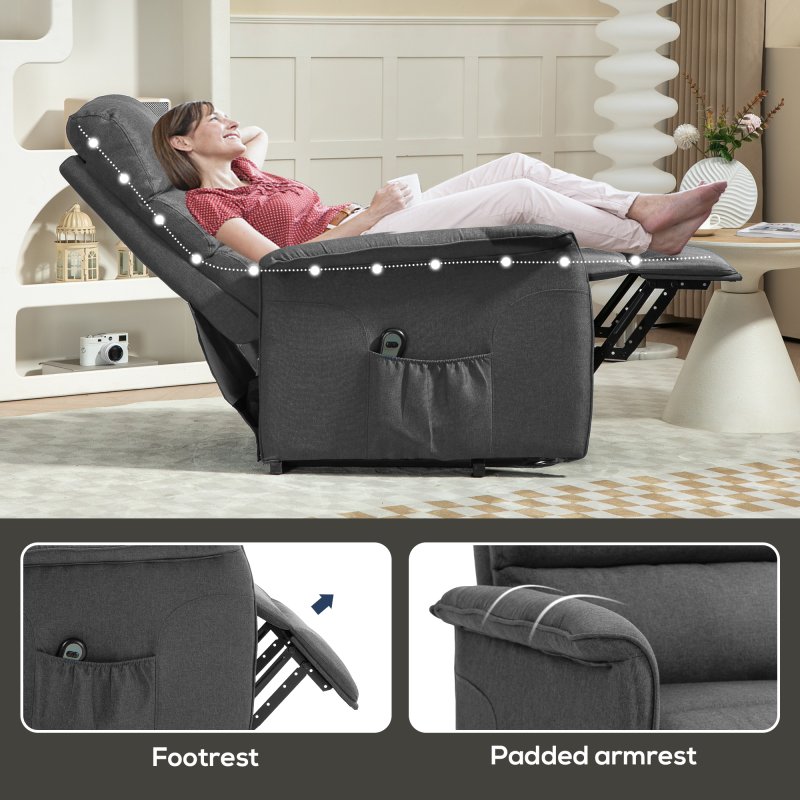 HOMCOM Power Lift Recliner Armchair, Electric Lift Chair for Elderly, Fabric Riser and Reclining Chair with Remote Control, Side Pockets, Extended Footrest, for Living Room, Dark Grey
