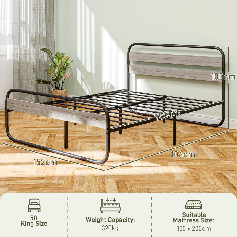 HOMCOM 5ft King Size Bed Frame, Industrial Style Metal Platform Bed Frame with Under Bed Storage, No Box Spring Needed, Easy Assembly, Grey