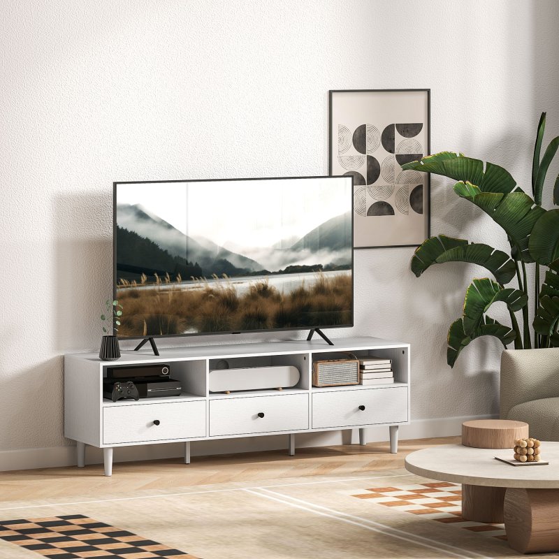 HOMCOM 140cm TV Stand Cabinet, Modern TV Unit Console Table for up to 75", with 3 Drawers, 3 Open Storage Shelves, Cable Management, Media Entertainment Centre for Living Room, Bedroom, White