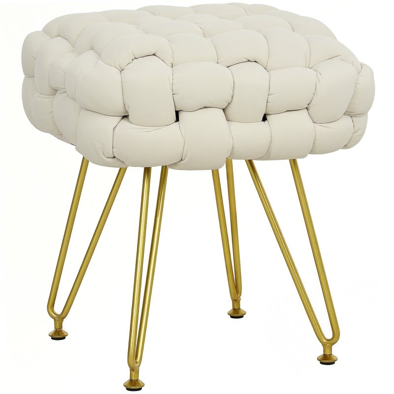 HOMCOM Square Foot Stool, Woven Footrest Ottoman with Metal Legs, Padded Makeup Vanity Stool, Velvet Dressing Table Seat for Bedroom