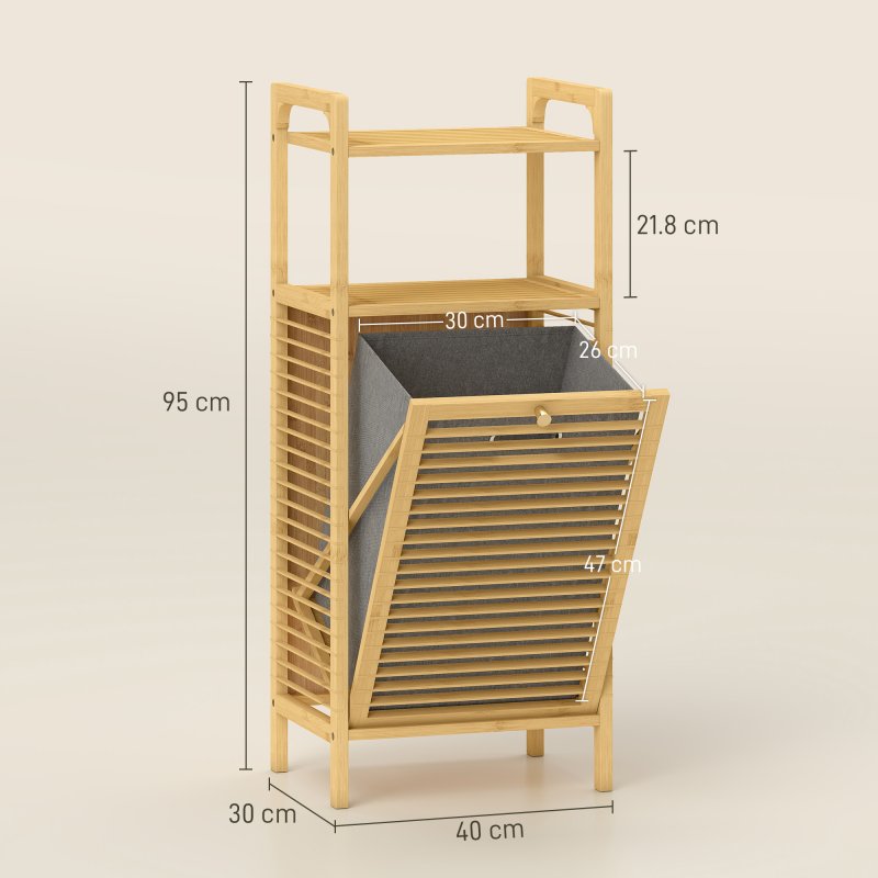 HOMCOM Bamboo Laundry Cabinet with Slatted Door, Bathroom Cabinet with Tilt-Out Hamper and Removable Liner Bag, 40 x 30D x 95 cm, Natural Wood Finish