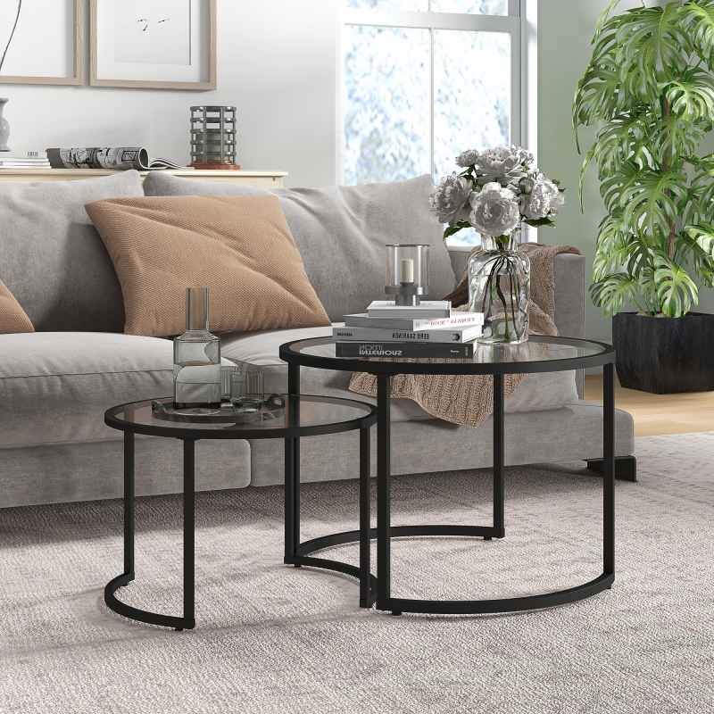 HOMCOM Coffee Table Set of 2, Modern Nest of Tables with Tempered Glass Top, Steel Frame for Living Room, Black