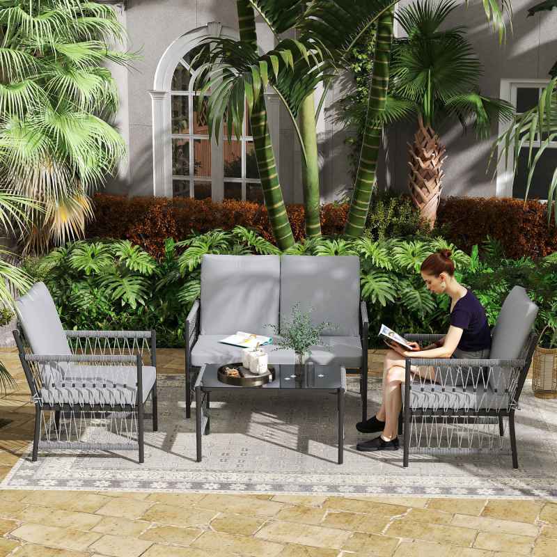 Outsunny 4 Piece Rattan Garden Furniture Set, 4 Seater Wicker Patio Conversation Set with 2 Armchairs, Loveseat, Glass Top Coffee Table and Cushions for Outdoor, Balcony, Grey