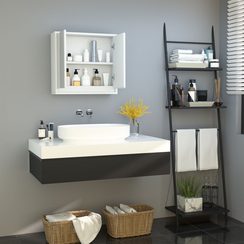HOMCOM Bathroom Mirror Cabinet Wall Mounted Storage Shelf Bathroom Cupboard Double Door