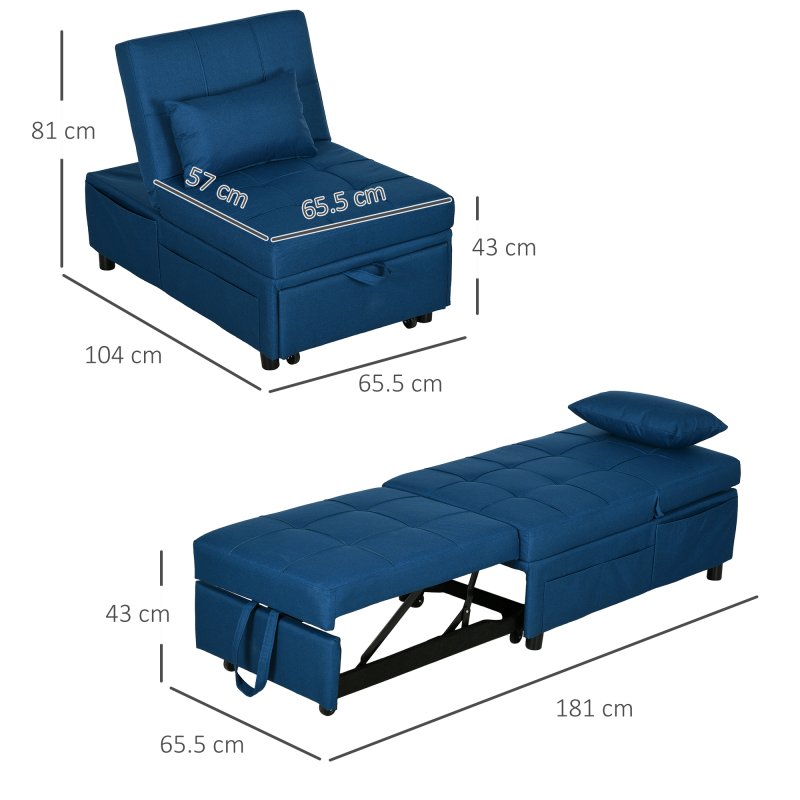 HOMCOM Convertible Chair Bed with Padding Seat, 4-in-1 Multi-Functional Sleeper Sofa Bed, Recliner with Adjustable Backrest, Side Pocket, Wheels and Pillow, for Living Room