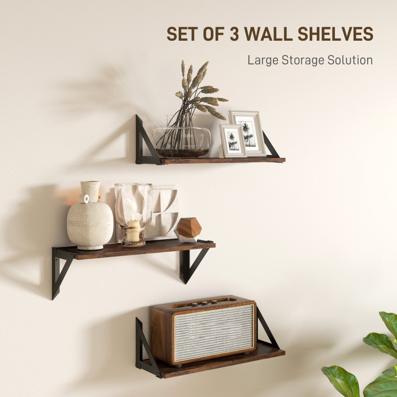 HOMCOM Set of 3 Wall Shelves, Vintage Wall Mounted Floating Shelves for Living Room, Entryway, Bedroom, Rustic Brown